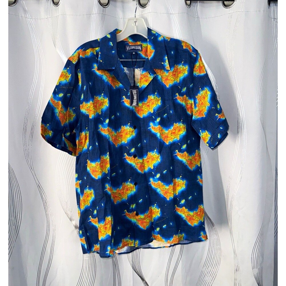 Vilebrequin Men's Map Graphic Print Blue Short Sleeve Button-Up Shirt Size M